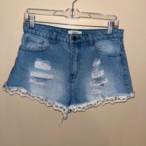 Forever 21 Distressed Crochet Lace Hem Denim Shorts
